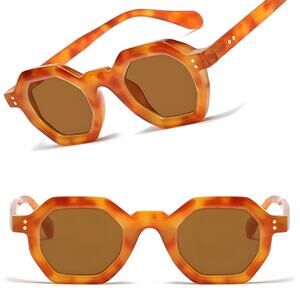 Gold Rivets Sleek Modern Edge Brown Lens Tortoise Geometric Sunglasses
